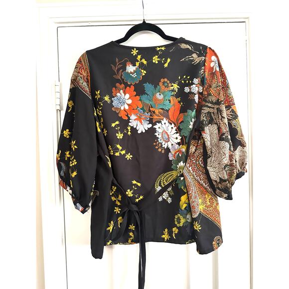 BRYN WALKER Cara Paisley Floral Print Top Peasant Sleeves Tie-Back - Sz Small - Picture 2 of 5